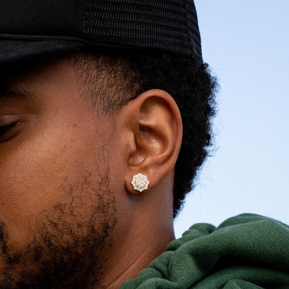 Yellow Gold 925 Sterling Silver Men's Hip Hop Octagon Cz Cluster Stud Earrings - Picture 3 of 5